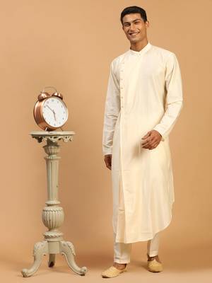 Cream Viscose Blend Kurta Pyjama Set 1