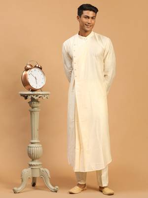 Cream Viscose Blend Kurta Pyjama Set 2