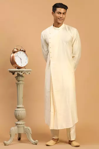 Cream Viscose Blend Kurta Pyjama Set