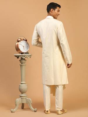 Cream Viscose Blend Kurta Pyjama Set 3