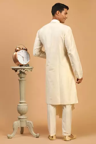 Cream Viscose Blend Kurta Pyjama Set