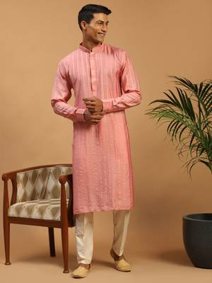 Purple And Cream Cotton Blend Kurta Pyjama Set 1