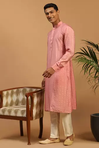 Purple And Cream Cotton Blend Kurta Pyjama Set