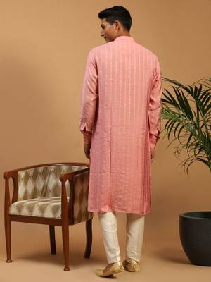 Purple And Cream Cotton Blend Kurta Pyjama Set 3