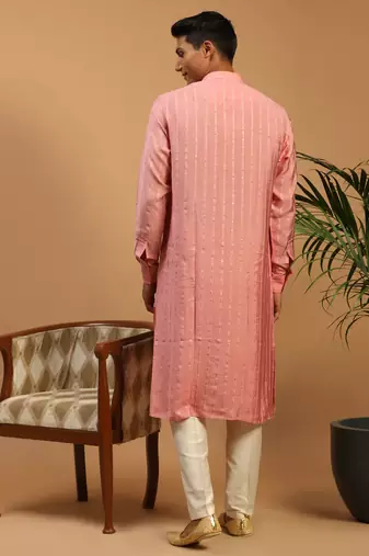 Purple And Cream Cotton Blend Kurta Pyjama Set