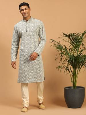 Men'S Grey And Cream Georgette Kurta Pyjama Set 1