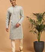 Men'S Grey And Cream Georgette Kurta Pyjama Set