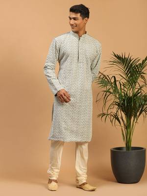 Men'S Grey And Cream Georgette Kurta Pyjama Set 2