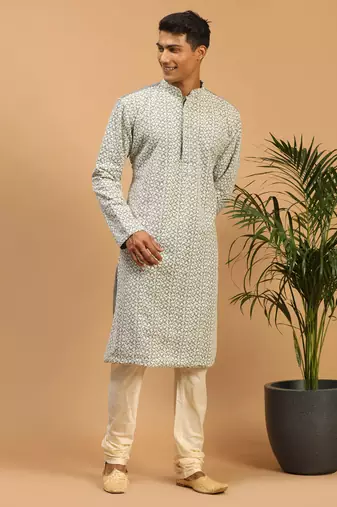 Men'S Grey And Cream Georgette Kurta Pyjama Set