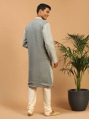 Men'S Grey And Cream Georgette Kurta Pyjama Set 3