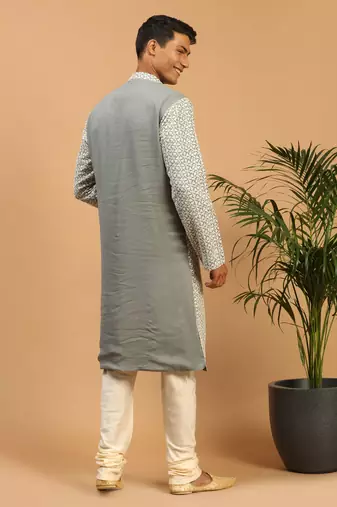 Men'S Grey And Cream Georgette Kurta Pyjama Set