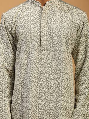 Men'S Grey And Cream Georgette Kurta Pyjama Set 4
