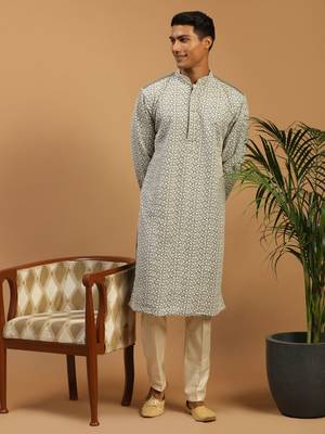 Men'S Grey And Cream Georgette Kurta Pyjama Set 1