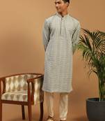 Men'S Grey And Cream Georgette Kurta Pyjama Set