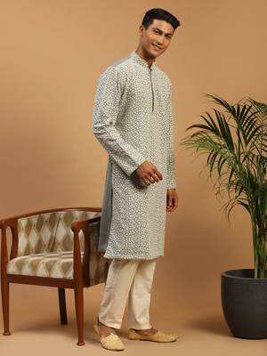 Men'S Grey And Cream Georgette Kurta Pyjama Set 2