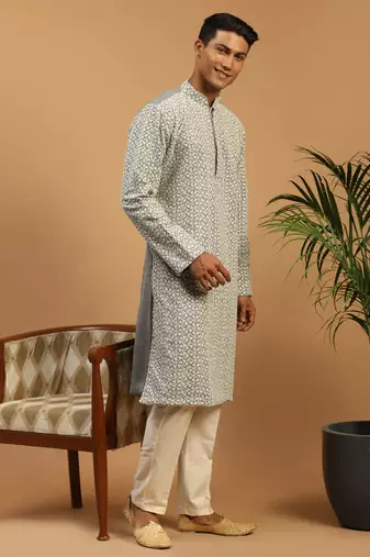 Men'S Grey And Cream Georgette Kurta Pyjama Set
