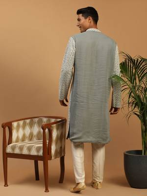Men'S Grey And Cream Georgette Kurta Pyjama Set 3