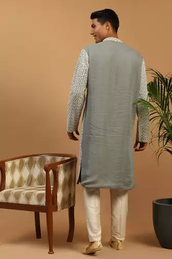 Men'S Grey And Cream Georgette Kurta Pyjama Set