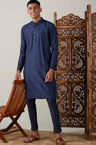 Men'S Navy Blue Viscose Kurta Pyjama Set