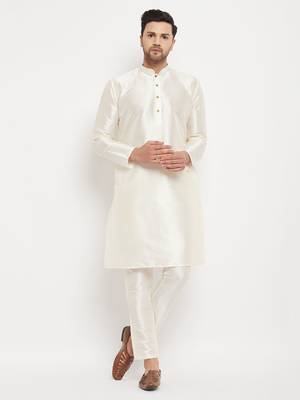 Cream Silk Blend Kurta Pyjama Set 1