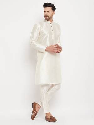 Cream Silk Blend Kurta Pyjama Set 2