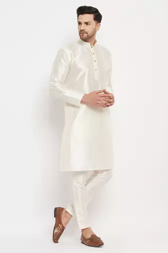 Cream Silk Blend Kurta Pyjama Set