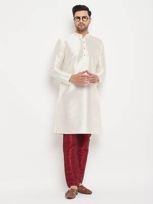 Cream And Maroon Silk Blend Kurta Pyjama Set 1