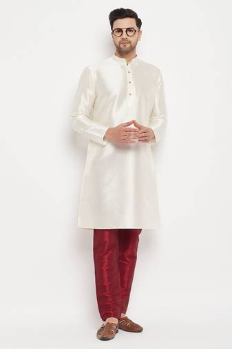 Men'S Cream And Maroon Silk Blend Kurta Pyjama Set