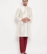 Cream And Maroon Silk Blend Kurta Pyjama Set