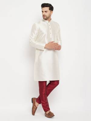 Cream And Maroon Silk Blend Kurta Pyjama Set 2