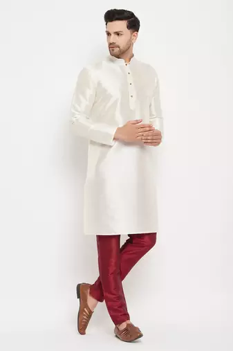 Cream And Maroon Silk Blend Kurta Pyjama Set