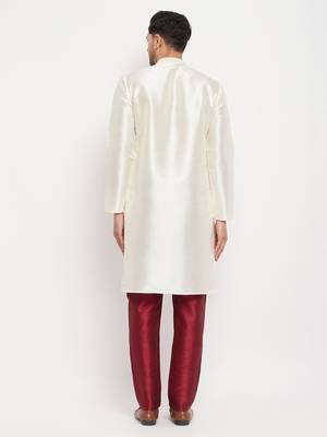 Cream And Maroon Silk Blend Kurta Pyjama Set 3