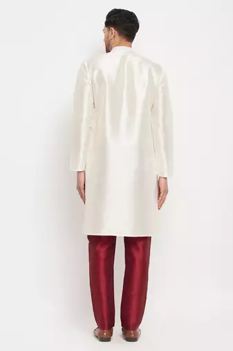 Cream And Maroon Silk Blend Kurta Pyjama Set