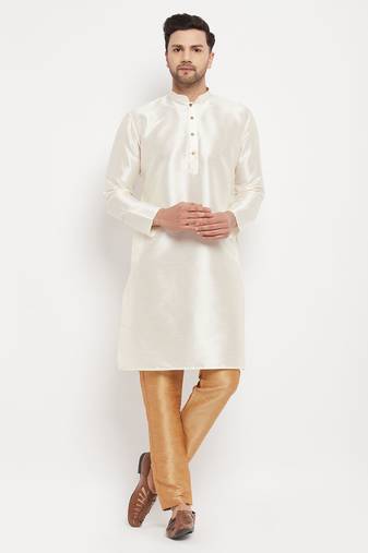 Men'S Cream And Rose Gold Silk Blend Kurta Pyjama Set