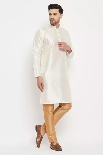 Cream And Rose Gold Silk Blend Kurta Pyjama Set