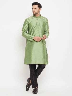 Mint Green And Black Silk Blend Kurta Pyjama Set 1