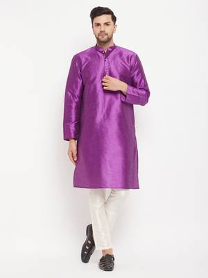 Purple And Cream Silk Blend Kurta Pyjama Set 1