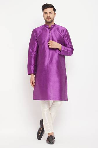 Men'S Purple And Cream Silk Blend Kurta Pyjama Set