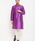 Men'S Purple And Cream Silk Blend Kurta Pyjama Set