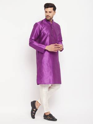 Purple And Cream Silk Blend Kurta Pyjama Set 2