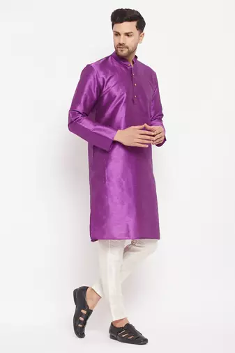 Purple And Cream Silk Blend Kurta Pyjama Set
