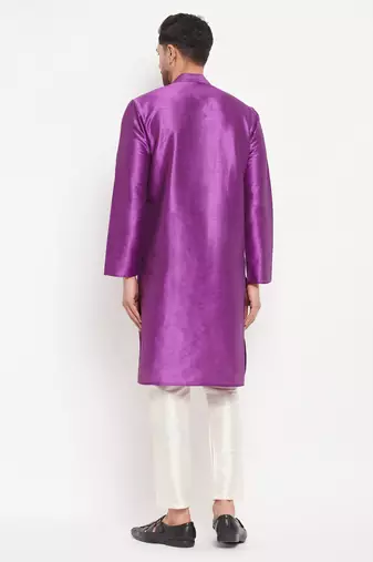 Purple And Cream Silk Blend Kurta Pyjama Set