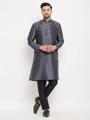 Steel And Black Silk Blend Kurta Pyjama Set 1