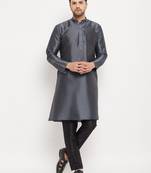 Men'S Steel And Black Silk Blend Kurta Pyjama Set