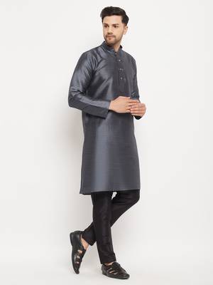 Steel And Black Silk Blend Kurta Pyjama Set 2