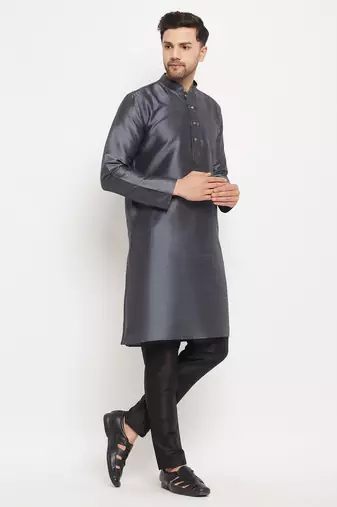 Steel And Black Silk Blend Kurta Pyjama Set