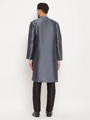 Steel And Black Silk Blend Kurta Pyjama Set 3