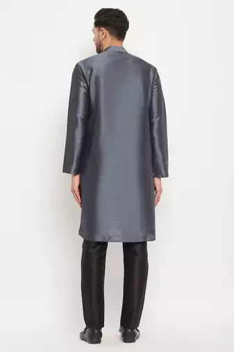 Steel And Black Silk Blend Kurta Pyjama Set