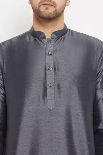 Steel And Black Silk Blend Kurta Pyjama Set
