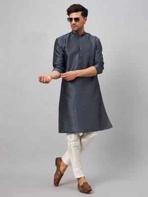 Men'S Steel And Cream Silk Blend Kurta Pyjama Set 1